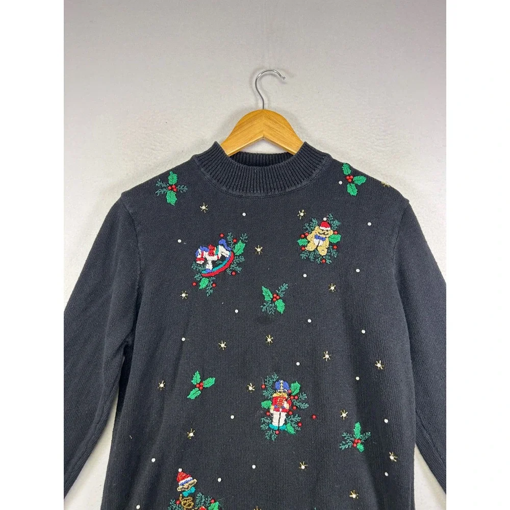 Grandma Core NutCracker Women Large Black Christmas Nutcracker Beaded Sweater‎
